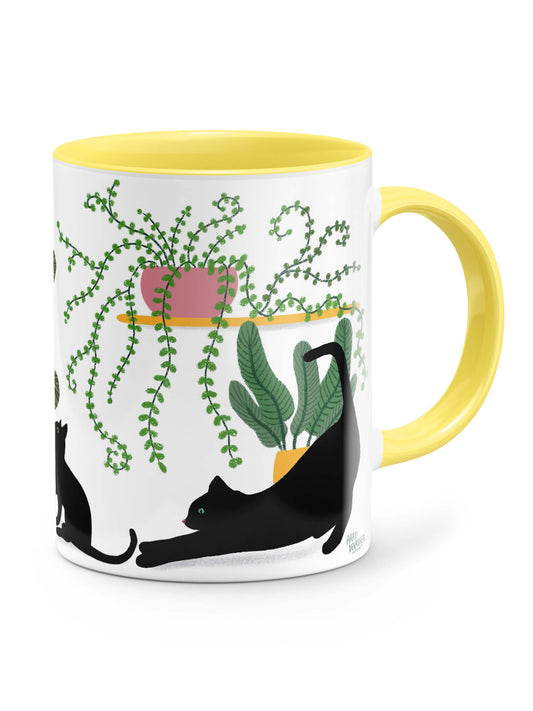 Plant Kitties (black cats, yellow accents) – ceramic mug