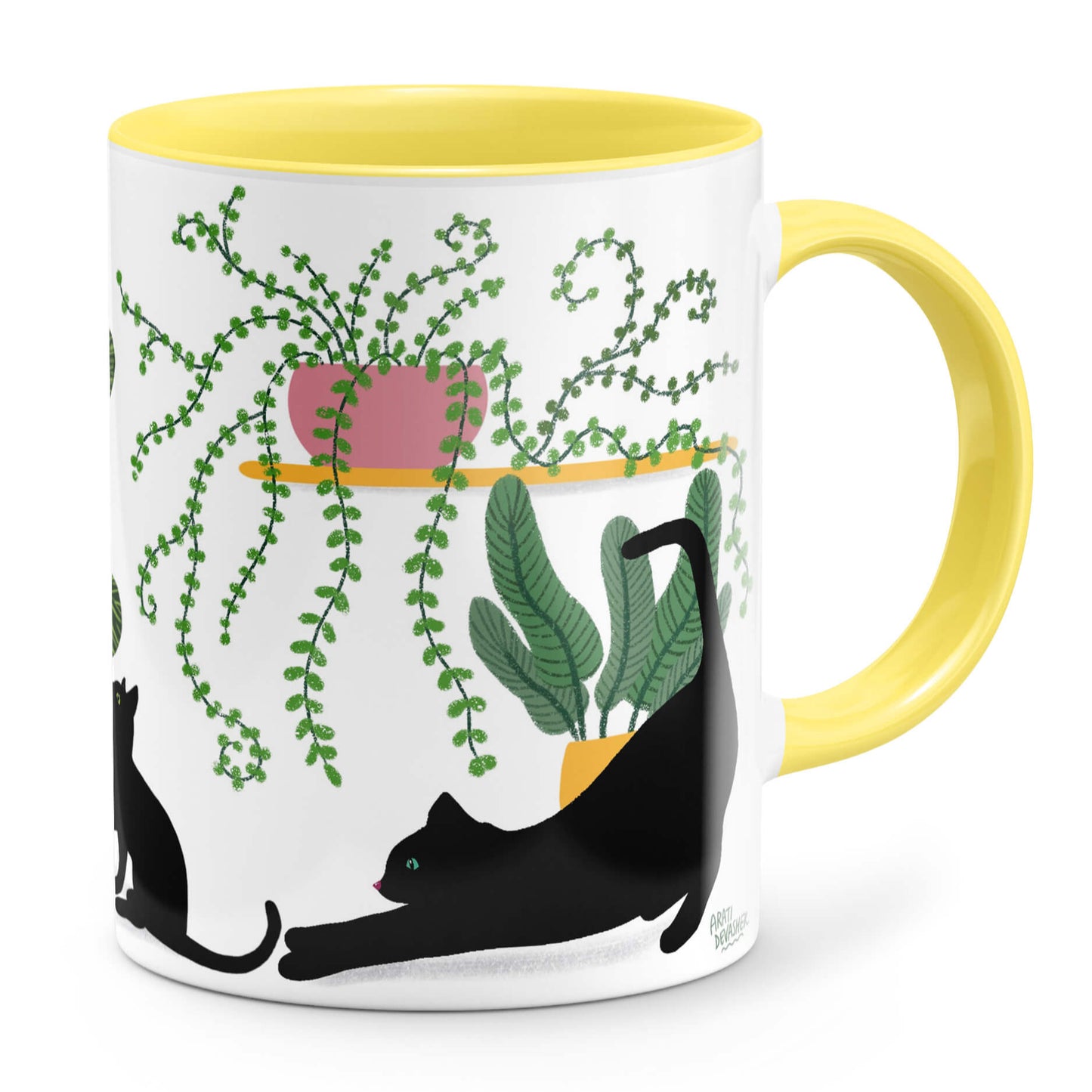 Plant Kitties (black cats, yellow accents) – ceramic mug