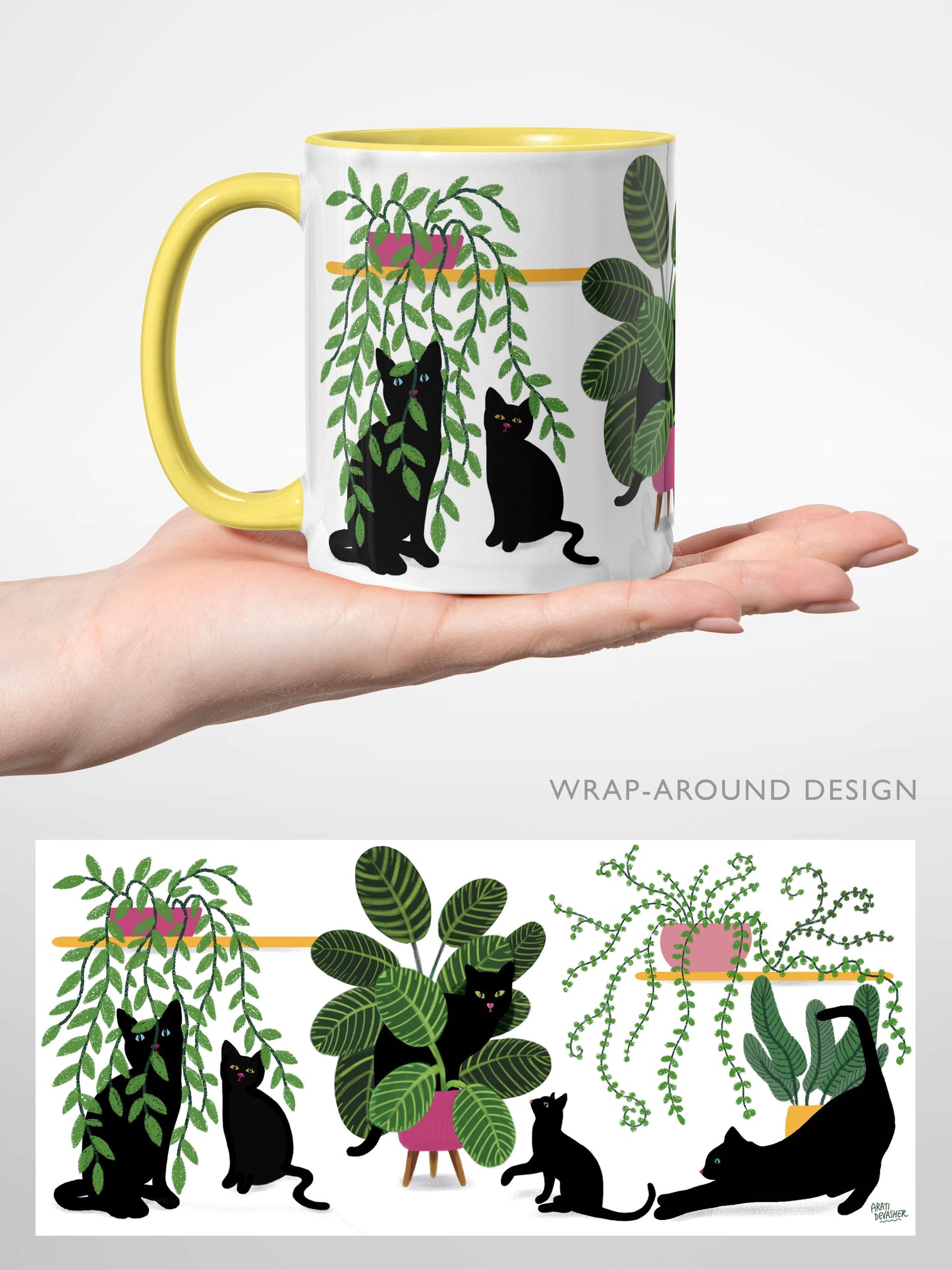 Plant Kitties (black cats, yellow accents) – ceramic mug