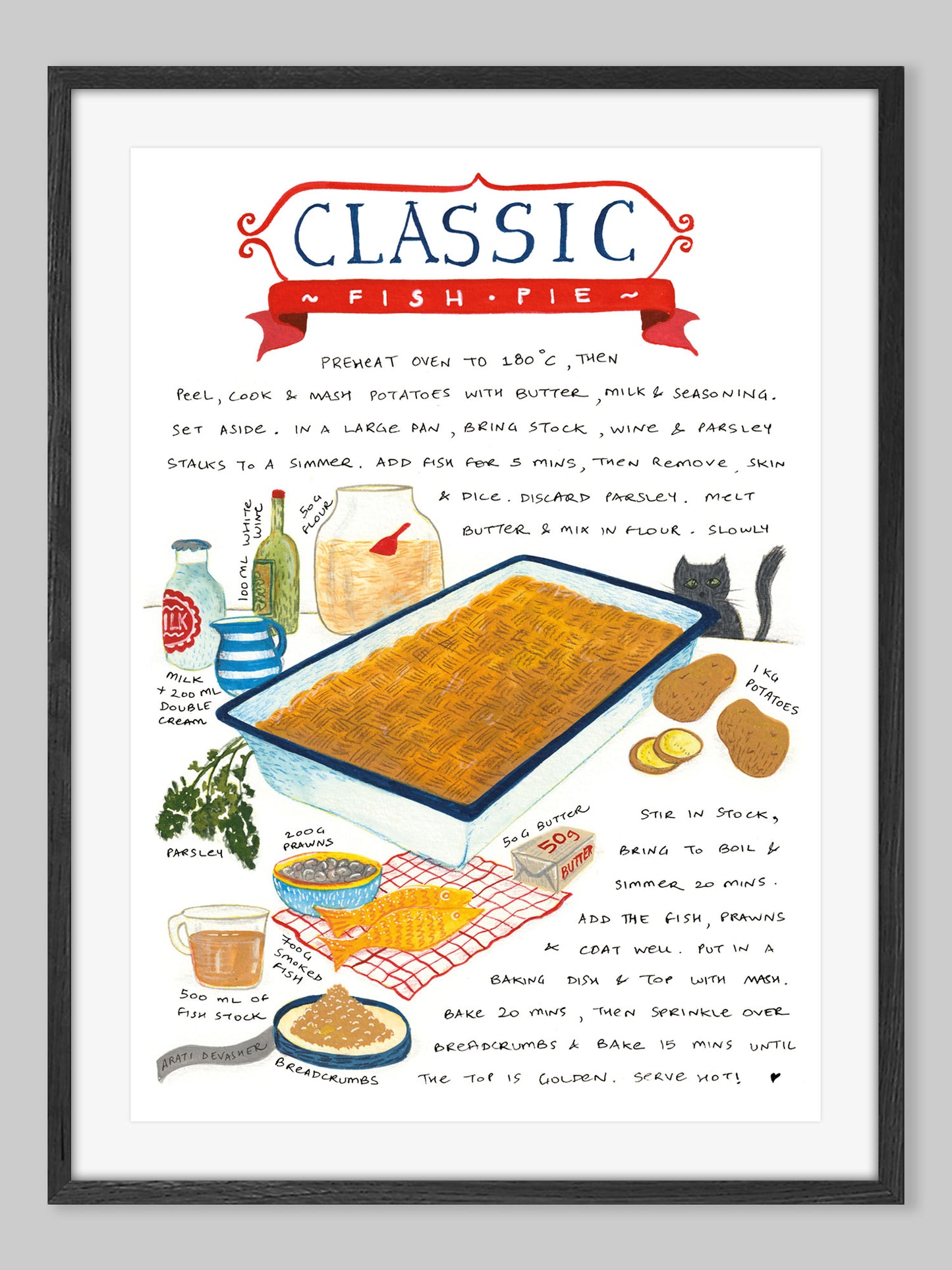 Classic Fish Pie recipe illustration – art print