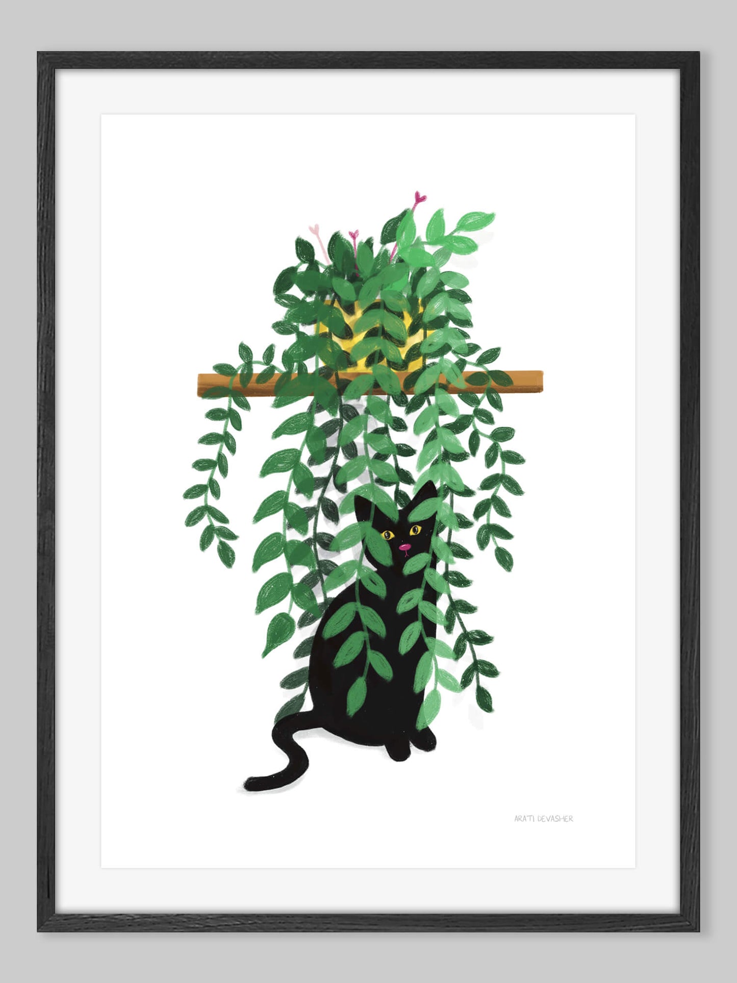 Black Cat in Pothos Plant – art print