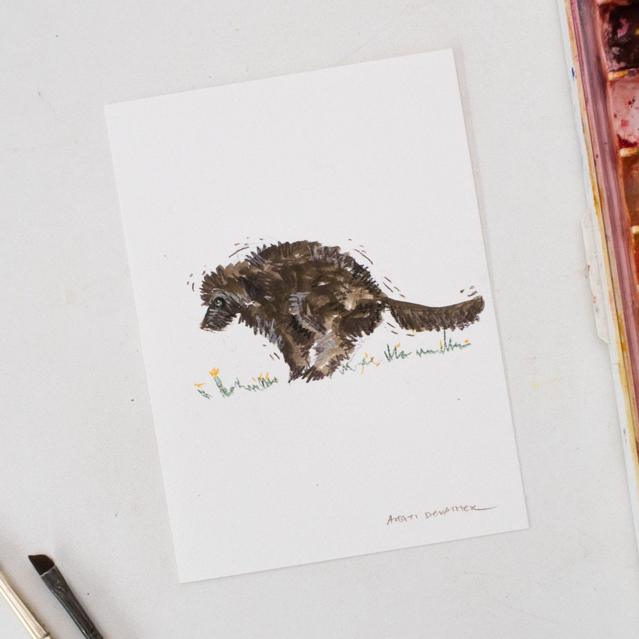 Pooping Puppy – gouache painting