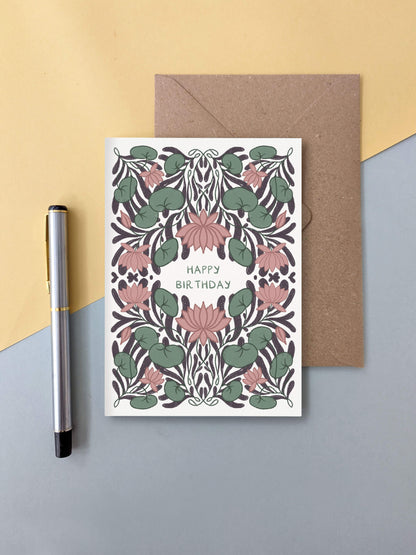 Happy birthday with lotus pattern – floral greeting card
