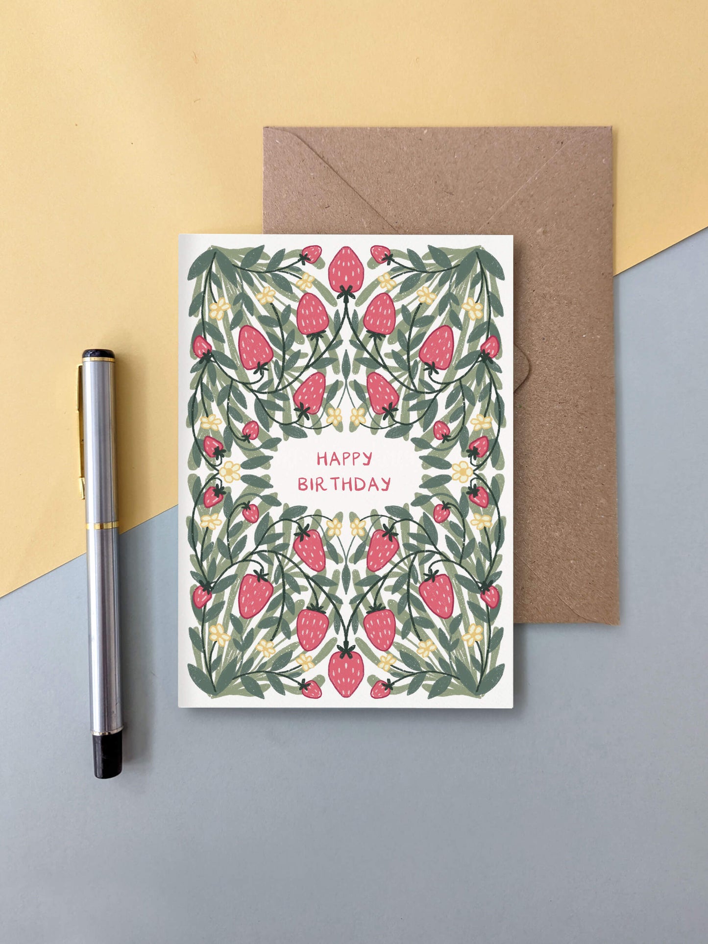 Happy birthday with strawberry pattern – floral greeting card