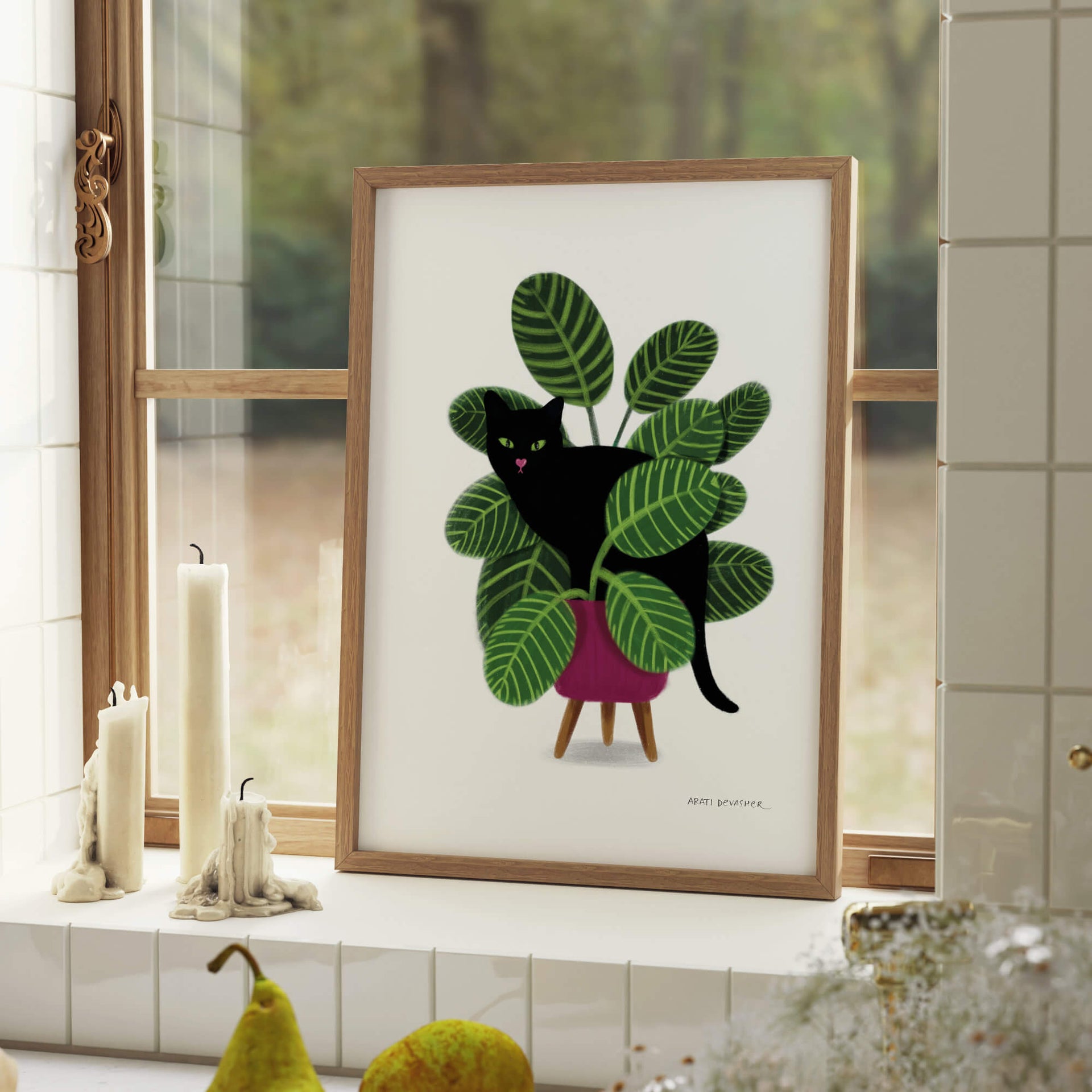 Black Cat in Calathea Plant – art print – Arati Devasher Studio