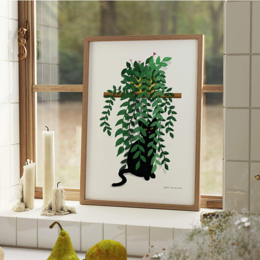 Black Cat in Pothos Plant – art print