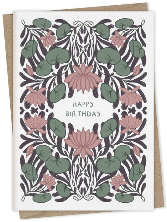 Happy birthday with lotus pattern – floral greeting card