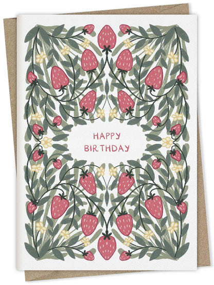 Happy birthday with strawberry pattern – floral greeting card