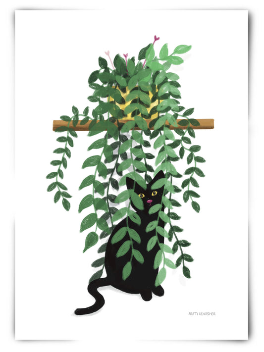 Black Cat in Pothos Plant – art print