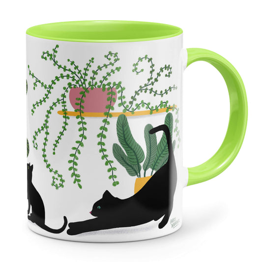 Plant Kitties (black cats, lime green accents) – ceramic mug