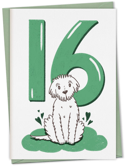 Dog Birthday Card with Age Numbers (green) – greeting card