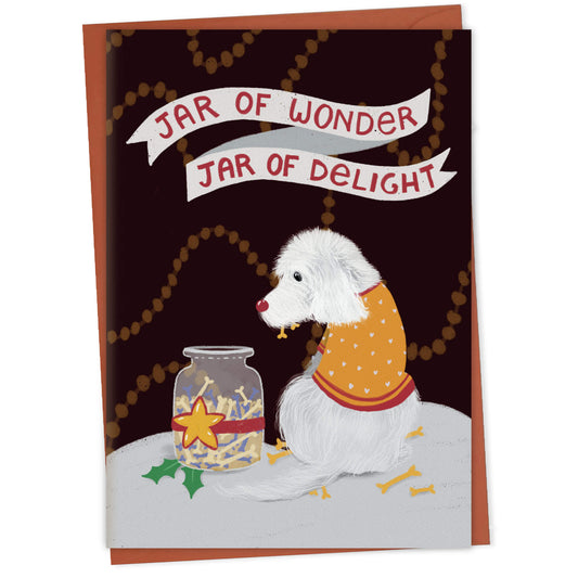 Jar of Wonder Jar of Delight carol card – dog greeting card
