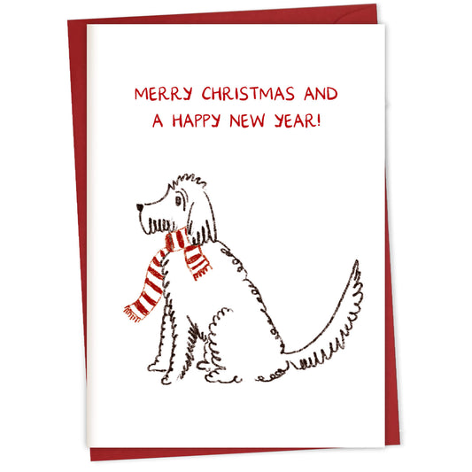 Xmas Dog with a Striped Scarf – greeting card