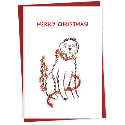 Xmas Naughty Dog in Tinsel – greeting card