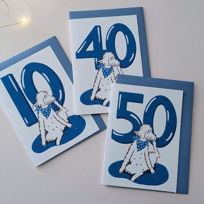 Dog Birthday Card with Age Numbers (blue) – dog greeting card