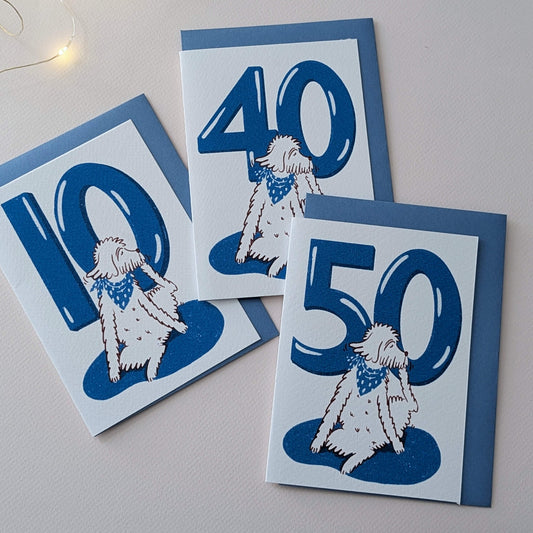 Dog Birthday Card with Age Numbers (blue) – dog greeting card
