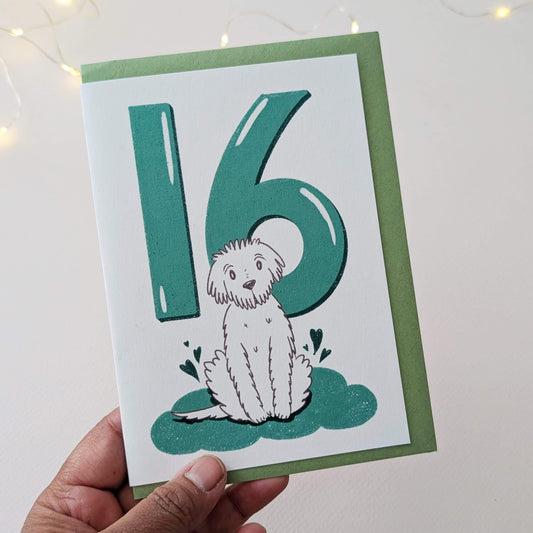 Dog Birthday Card with Age Numbers (green) – greeting card