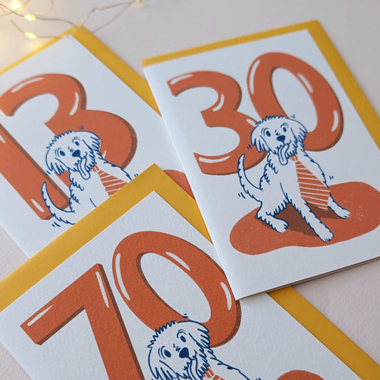 Dog Birthday Card with Age Numbers (orange) – dog greeting card