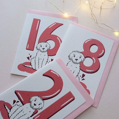 Dog Birthday Card with Age Numbers (pink) – dog greeting card