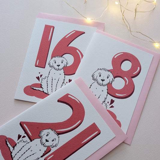 Dog Birthday Card with Age Numbers (pink) – dog greeting card