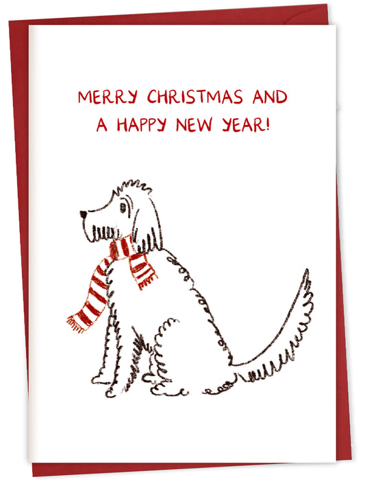 Xmas Dog with a Striped Scarf – greeting card