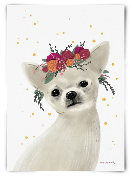 Custom pet portrait with flower crown and metallic details