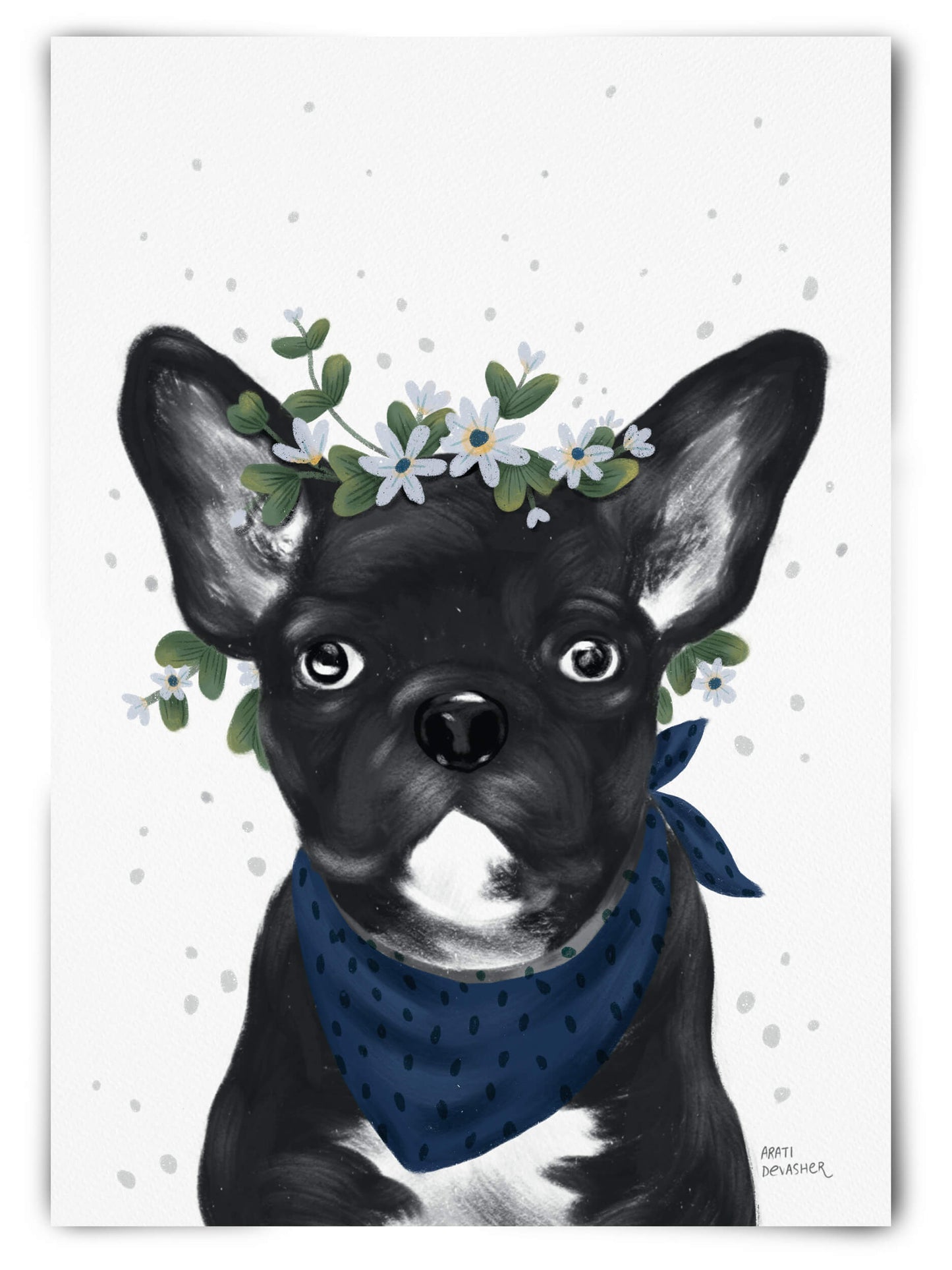 Custom pet portrait with flower crown and metallic details