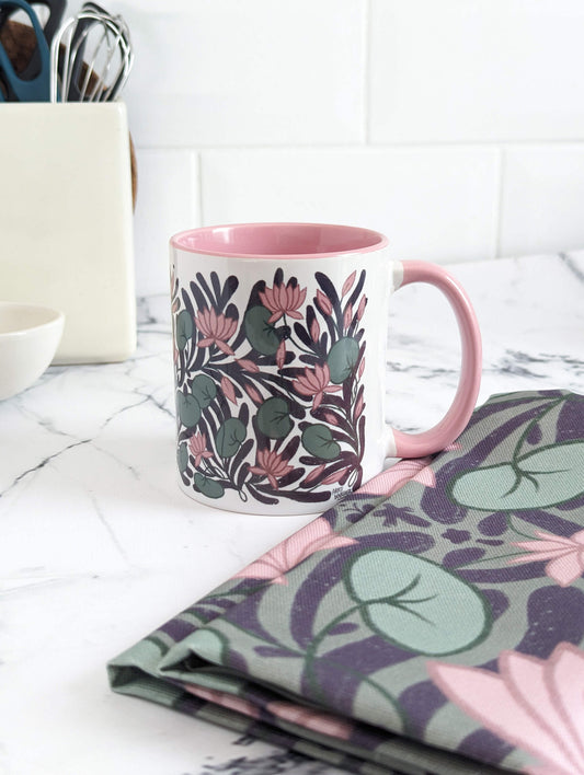 A Lotus Garden floral – gift set of mug & tea towel