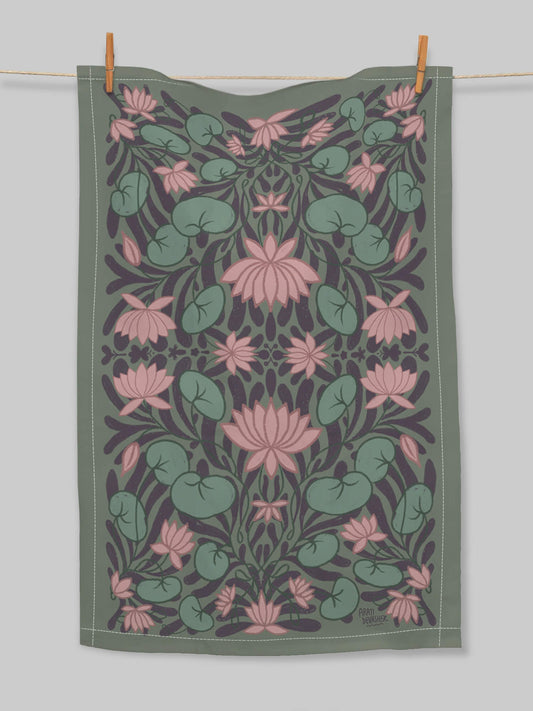 A Lotus Garden floral – tea towel or wall hanging