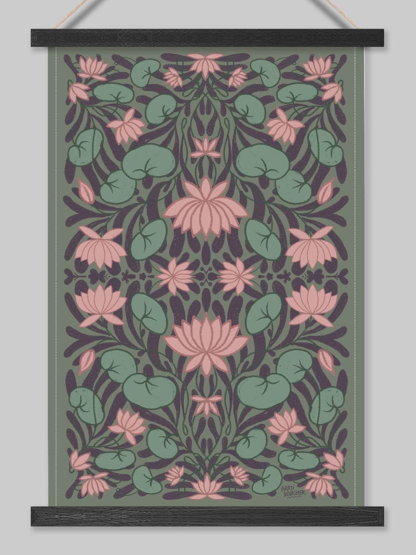 A Lotus Garden floral – tea towel or wall hanging