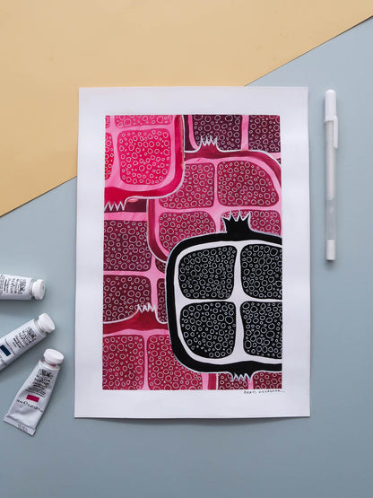 Abstract Fruits Pink Pomegranate – gouache painting