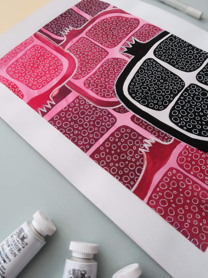 Abstract Fruits Pink Pomegranate – gouache painting