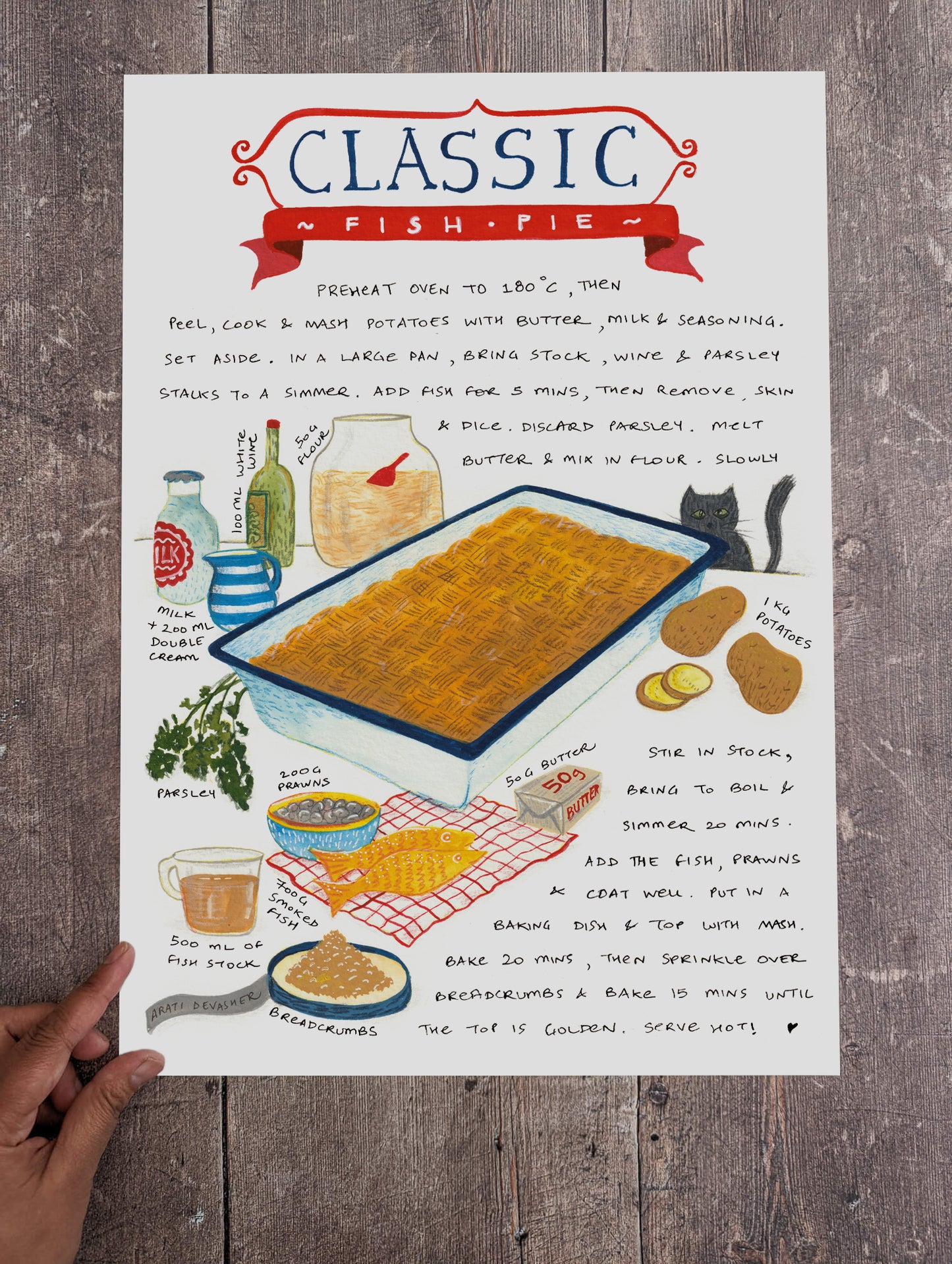 Classic Fish Pie recipe illustration – art print